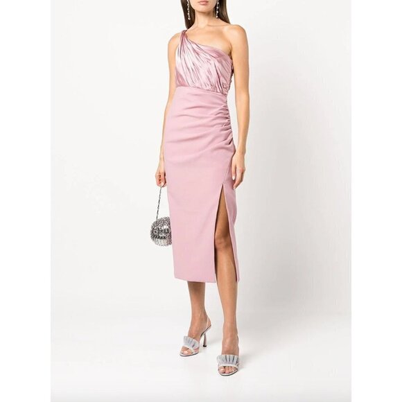 Cinq a Sept Trenton One Shoulder Satin Bodycon Cocktail Midi Dress Pink Sand Wom - Picture 1 of 14